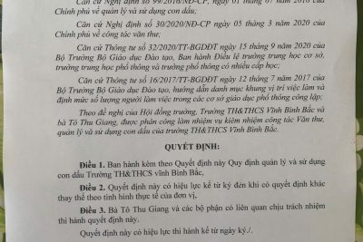 QUYẾT ĐỊNH BAN HÀNH QUY ĐỊNH QUẢN LÝ VÀ SỬ DỤNG CON DẤU TRƯỜNG TH&THCS VĨNH BÌNH BẮC